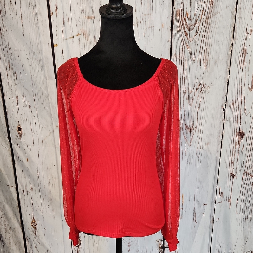 Dorose Red Rayon Top With Sheer Balloon Sleeves S